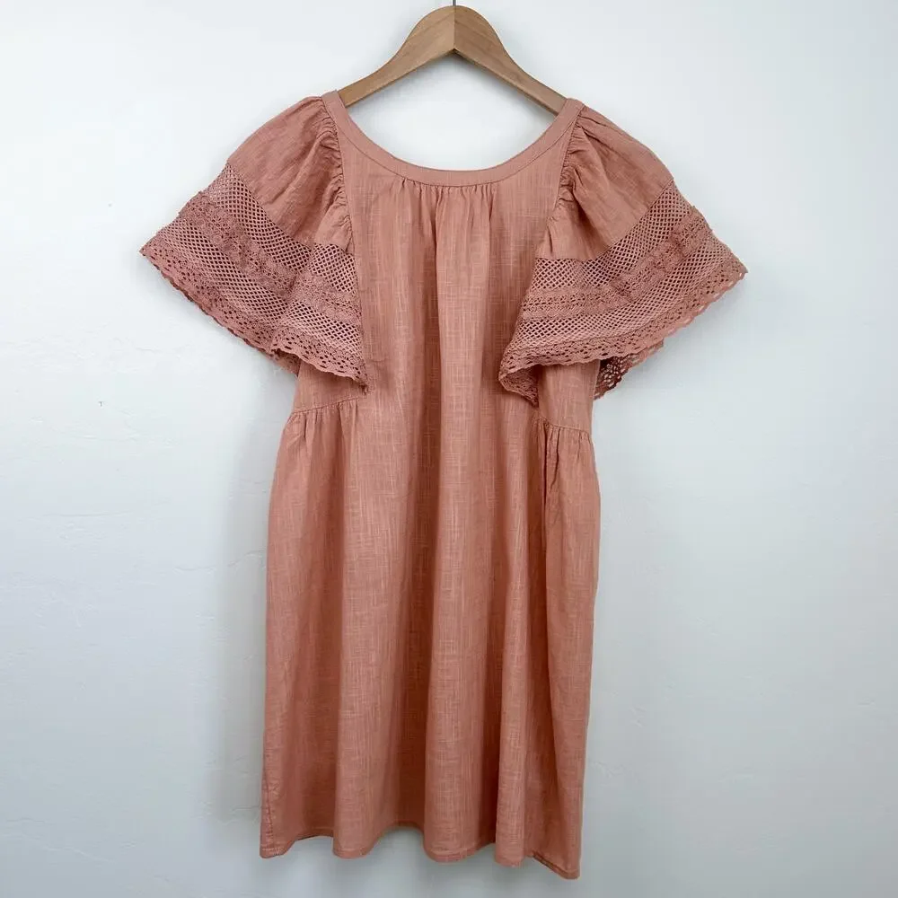 Old Navy Girl's Peach Lace 100% Cotton Natural Fiber Flutter Sleeve Dress NWT